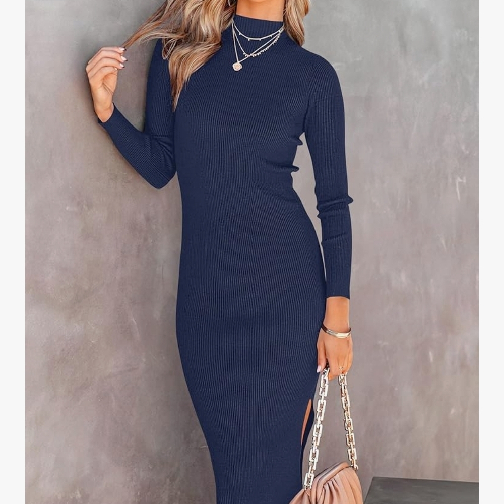 Elegant Navy Blue Ribbed Dress